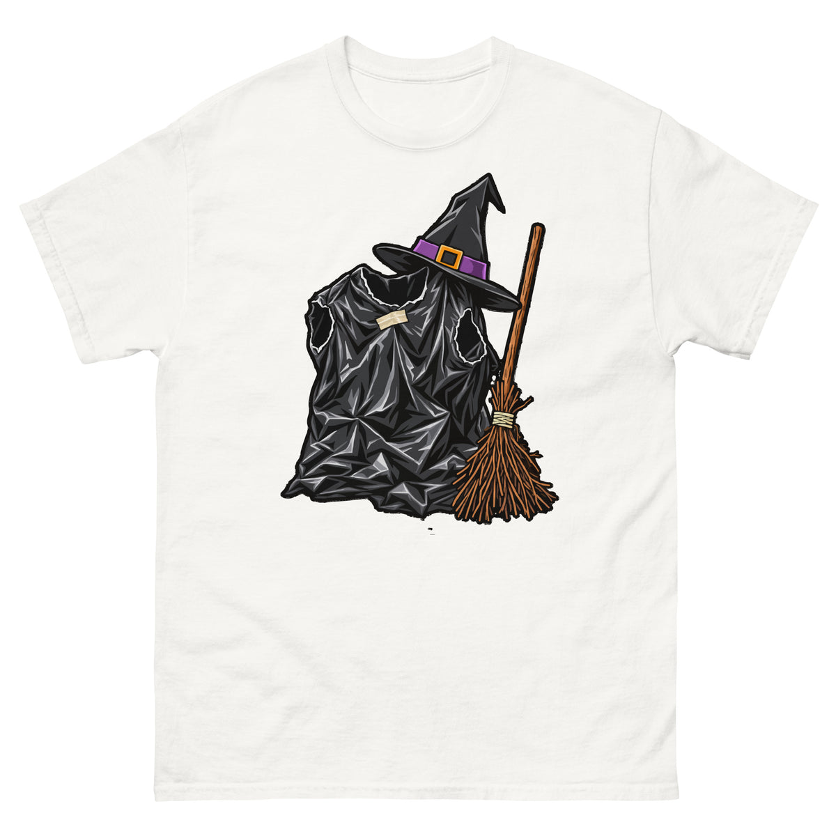 White unisex T-shirt with a black bin-liner witch costume, pointed hat with purple band and broom, front view