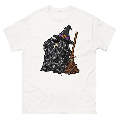 White unisex T-shirt with a black bin-liner witch costume, pointed hat with purple band and broom, front view