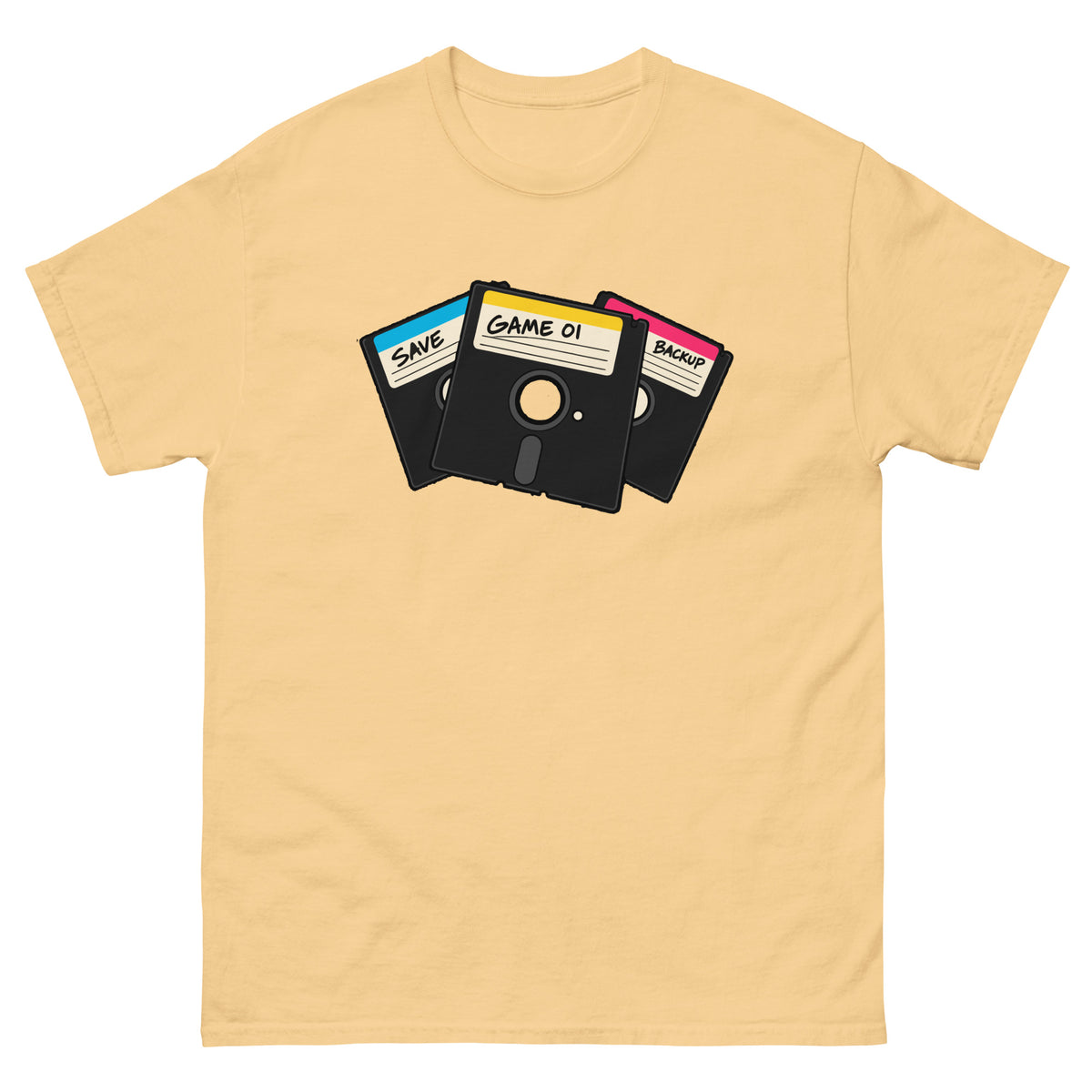 Front of yellow haze 5.25-Inch Floppy Disk Retro Computer T-Shirt with stacked black disks and colourful labels