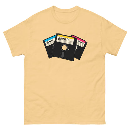 Front of yellow haze 5.25-Inch Floppy Disk Retro Computer T-Shirt with stacked black disks and colourful labels